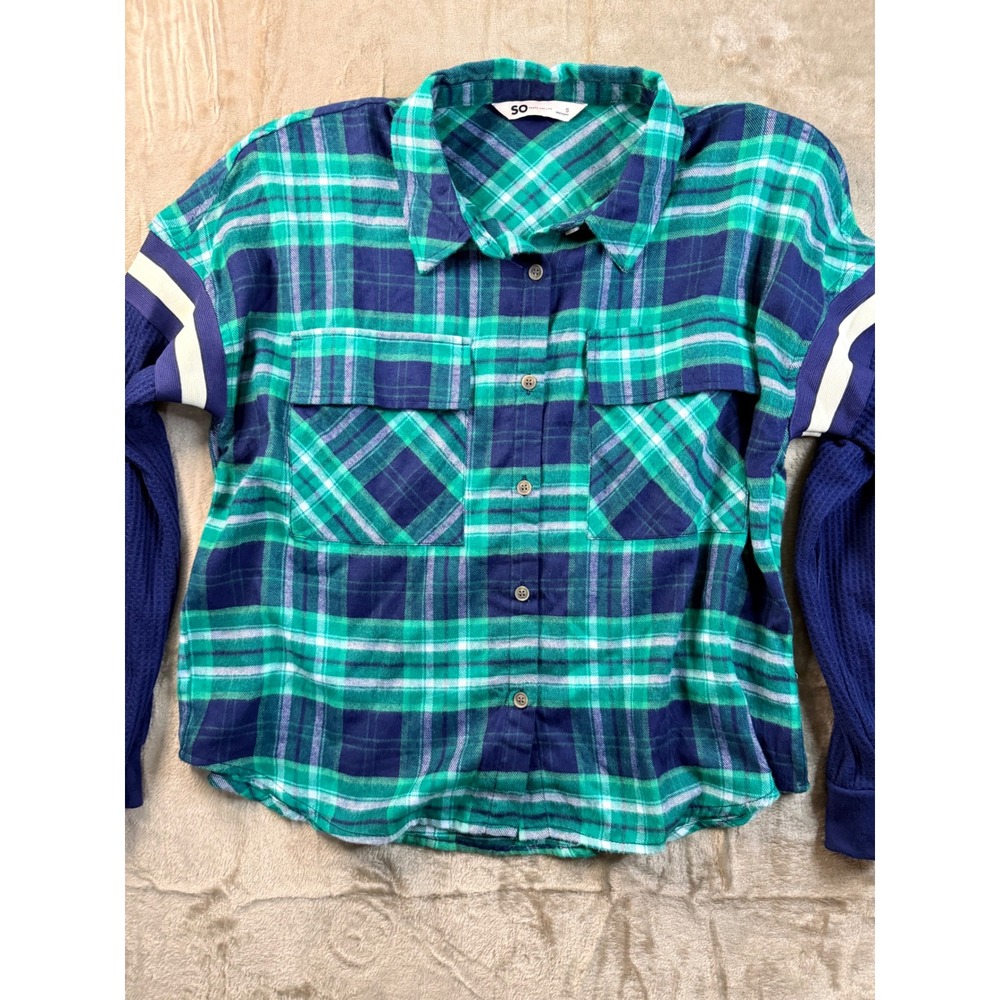 SO Green Navy Plaid Flannel Mixed Media Waffle Knit‎ Sleeve Button Down Shirt S